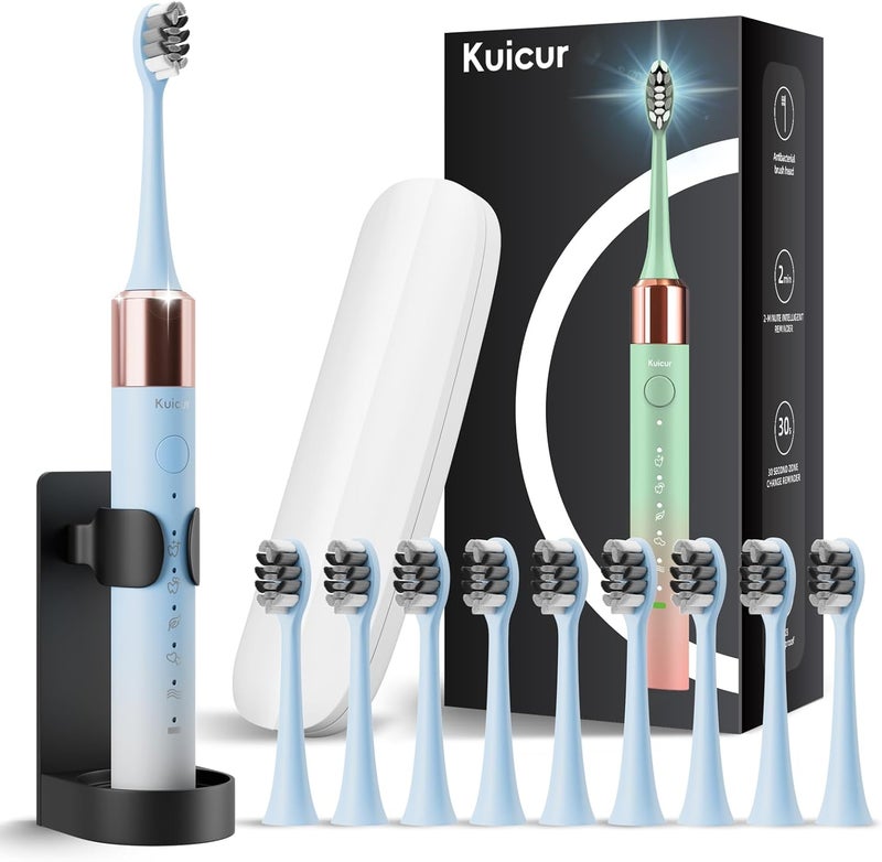 Kuicur Sonic Electric Toothbrush for Adults and Kids, Comes with 10 Brush Heads & Travel Case, 5 Modes with 2 Minutes Built in Smart Timer, One Charge for 90 Days, 42,000 VPM Motor (Blue and White) - Image 1